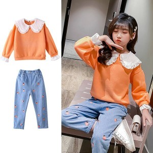 子供服 セットアップ キッズ 女の子 長袖 春秋 上下セット ブラウス Tシャツ デニムパンツ ロングパンツ 長ズボン ジュニア おしゃれ 可