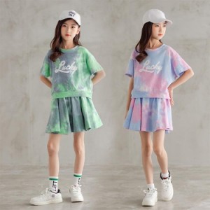 子供服 セットアップ 女の子 春夏 半袖 上下セット 韓国子供服 キッズ ジュニア トップス 丸首 プリーツスカート 膝上丈  可愛い おしゃ