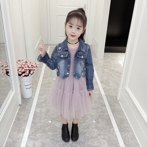 子供服 セットアップ キッズ 女の子 長袖 春秋 2点セット 上下セット アウター デニムジャケット レースワンピース ジュニア おしゃれ 誕