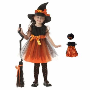  ドレス 2点セット 子供 仮装 魔女オレンジ ハロウィン 送料無料 コスプレ 女の子 コスチューム 帽子 キッズ こども 衣装 子ども用 魔法