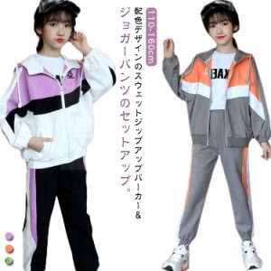 キッズ スウェット セットアップ 配色 ジップアップパーカー フード付き ジョガーパンツ 韓国 子供服 女の子 春 秋 冬 長袖 ジップアップ