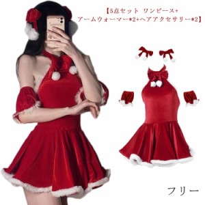 【5点セット ワンピース+アームウォーマー*2+ヘアアクセサリー*2】サンタ コスプレ サンタクロース ワンピース クリスマス サンタコス 大