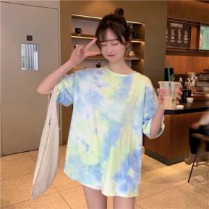 半袖 ヒップホップ タイダイ柄 カットソー レディース 原宿系 Tシャツ BF風 夏 ダンス ストリート風 ゆったり 体型カバー トップス 韓国