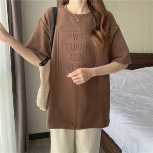 立体ロゴTシャツ レディース トップス 半袖 ゆったり カジュアル 韓国 大きいサイズ tシャツ カットソー ロゴT ロゴTシャツ 英字 立体 3D