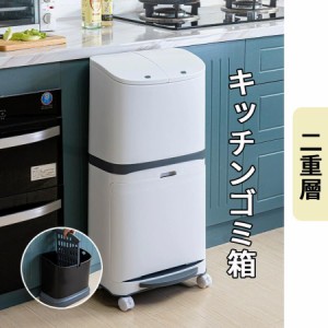 ゴミ箱　おしゃれ 分別ごみ箱 分別2段　縦型　省スペース 45リットル キッチン 屋外 スリム  大容量 ペダル式 ダストボックス 縦型分類 