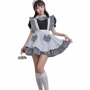 LIKENNY メイド服 4点セット コスプレ チェック柄 ロリータ Lolita 制服 可愛い ワンピース コスプレ用衣装 エプロン カチ