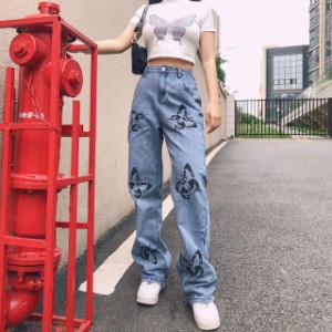 ハイウエスト デニム ジーンズ レディース  HIPHOP パンツ B系 個性的 ストレートパンツ ワイド ゆったり  着痩せ 女性 ヒップホップ ダ