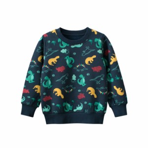 秋冬季 子供用 Tシャツ 長袖 フリース裏地 ラウンドネックトップス 恐竜の模様 プルオーバースウェット 90~140cmサイズ