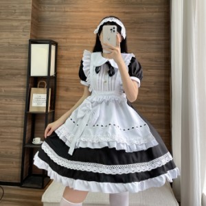 コスプレ メイド服 メイド ロリータ ワンピース 仮装 コスプレ衣装 お姫様 ドレス フリーサイズ コスチューム　 衣装 フルセット 猫耳 ハ