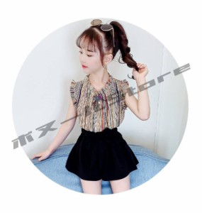 2022新品 子供服 セットアップ キッズ 女の子 夏服 トップス Tシャツ ストライプ ハーフパンツ 半ズボン 短パン 韓国子ども服 ジュニア 