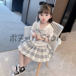 2022新品 子供服 上下2点セット キッズ 女の子 子供服 子ども 学生制服 セーラー服 半袖 チェック柄スカート プリーツ 膝丈 ひざ丈 トッ