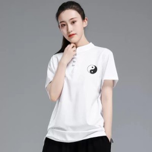 太極拳服 太極拳トレーニングTシャツ 半袖Tシャツ 女性 レディス 練習服 トレーナー マオカラー ヘンリーネック カットソー 太極図 送料