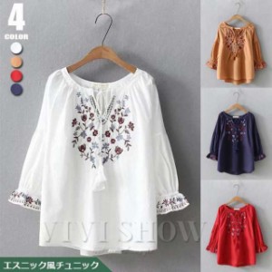 レディース ブラウス シャツ 花柄刺繍 Ｔシャツ 綿 チュニック トップス エスニック風森ガール風