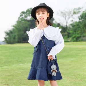 子供服 女の子 セットアップ デニムワンピース シャツ バッグ付き 3点セット 韓国子供服 キッズワンピース 長袖 春服 子ども服 おしゃれ 