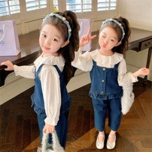 子供服 女の子 セットアップ シャツ ベスト パンツ デニム 長ズボン ロングパンツ 韓国子供服 長袖 無地 3点セット キッズファッション 