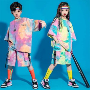 ダンス服 セットアップ 女の子 男の子 ダンス衣装 ヒップホップ キッズ 半袖Tシャツ ショートパンツ ストリートダンス タイダイ染 男女兼