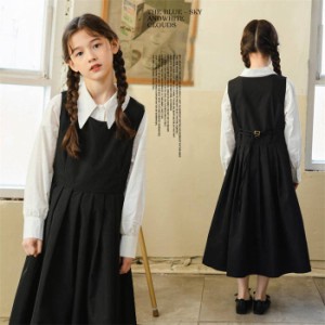 セットアップ 女の子 サロペットワンピース シャツ 子供服 2点セット 長袖 春服 子ども用 上下セット 無地 ロング丈 長袖 春秋 白シャツ 