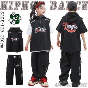 ノースリーブ パーカー おしゃれ キッズ ダンス衣装 セットアップ 半袖 tシャツ 白 黒 男の子 女の子 かっこいい ファション カジュアル