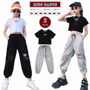 白 tシャツ 韓国 キッズ ダンスウェア 女の子 ショート丈 tシャツ へそ出し トップス 白 ハーフトップ 黒 パンツ ダメージ加工 キッズダ