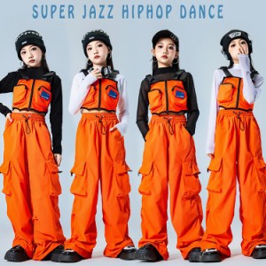 オレンジ 韓国 キッズ ダンス 衣装 セットアップ ヒップホップ 女の子 ショート キャミソール トップス へそ出し ベスト ロング デニムパ