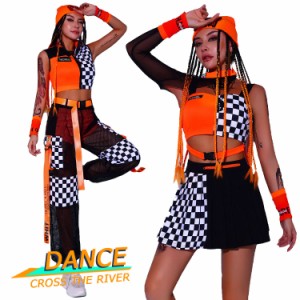 2type  衣装 ダンス衣装 大人 セットアップ オレンジ チェック へそ出し トップス スカート パンツ オレンジ ダンスセット ジャズダンス 