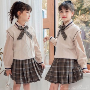 卒業式 スーツ 女の子 小学生 韓国 制服 160 ニット ベスト チェック柄 スカート 入学式 シャツ フォーマル 子供 長袖 子供 発表会 ピア