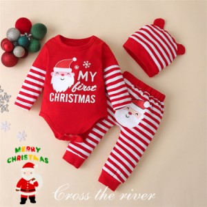クリスマス 衣装 サンタクロース 3点セット ロンパース パンツ 帽子 ストライプ ベビー 赤ちゃん 子供 クリスマス サンタ 赤 コスプレ衣
