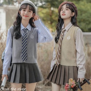 韓国 制服 卒業式 女の子 卒服 なんちゃって制服 スクール カーディガン ニット ベスト 重ね着風 切り替え 可愛い 小学校 入学式 女子 高