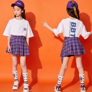 チアガール キッズダンス衣装 女の子 白  tシャツ スカート ダンス衣装 キッズ セットアップ ヒップホップ 子供服  ダンストップス キュ