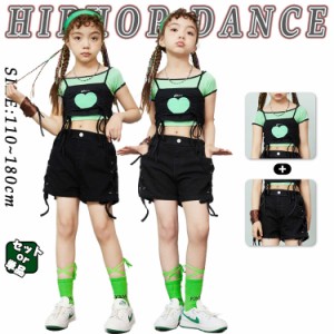 へそ出し 緑 黒 半袖 キッズ ダンス衣装 セットアップ 女の子 チア チアガール ショートパンツ トップス 子供 派手 ストリート ダンスウ