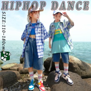 ブルー 青 デニム 柄シャツ 総柄シャツキッズ ダンス衣装 セットアップ 男の子 女の子 トップス 半袖 ショートパンツ 上下セット ダンス