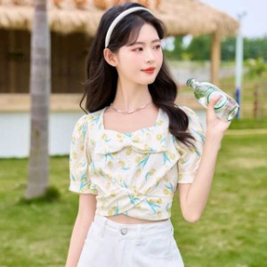 トップス 半袖 シャツ スクエアネック ブラウス レディース 夏服 ショートシャツ バルーンスリーブ 可愛い ギャザー おしゃれ きれいめ