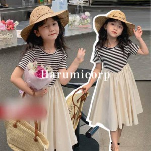 ワンピース キッズ 子供服 女の子 ボーダーワンピース ベビー服 夏服 韓国子ども服 ジュニア おしゃれ かわいい 子供 ドレス ピアノ 発表