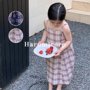 ワンピース キッズ 子供服 女の子 夏服 韓国子ども服 チェック柄ロングワンピース ジュニア おしゃれ かわいい ベビー服 結婚式 七五三 