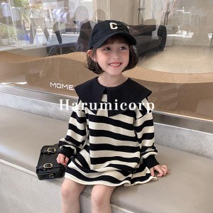 ワンピース キッズ 子供服 女の子 長袖トップス ストライプ 春秋 折り襟 七五三 誕生日 韓国子供服 子ども服 ベビー服 可愛い おしゃれ 