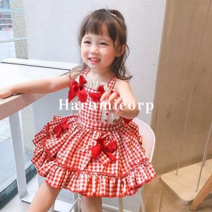 ワンピース キッズ 子供服 女の子 夏 韓国子供服 フレアワンピース 蝶結び チェック柄 子ども服 ジュニア ベビー服 おしゃれ 可愛い キッ