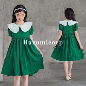 子供服 ワンピース キッズ 女の子 夏服 半袖ワンピース フレアワンピース 折り襟 韓国子供服 ジュニア 子ども服 ガールズ ベビー服 おし