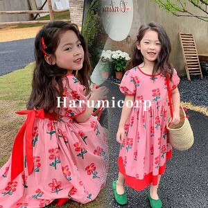 ワンピース キッズ 子供服 女の子 夏服 半袖ワンピース 韓国子供服 フレアワンピース 花柄 子ども服 ガールズ ジュニア ベビー服 おしゃ