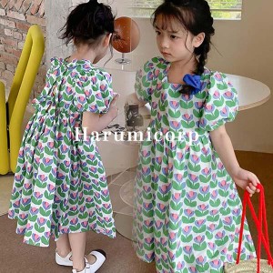 ワンピース キッズ 子供服 女の子 夏服 半袖ワンピース 韓国子供服 フレアワンピース 花柄 蝶結び 子ども服 ガールズ ジュニア ベビー服 