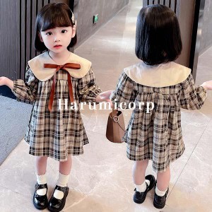 ワンピース キッズ 子供服 女の子 春 秋 長袖ワンピース チェック柄 韓国子供服 子供ドレス 結婚式 発表会 ピアノ 子ども服 ガールズ ベ