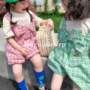 子供服 女の子 3点セットアップ 春夏 韓国子供服 ワンピース セット半袖 ブラウス白 tシャツ +チェック柄半ズボン 130センチ トップス こ