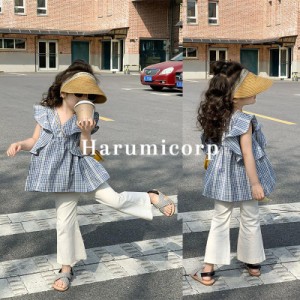 キッズ セットアップ 女の子 子供服 夏服チェック柄 tシャツガウチョパンツ トップス ズボンおしゃれ 可愛い 韓国こども服 ベビー服 通学