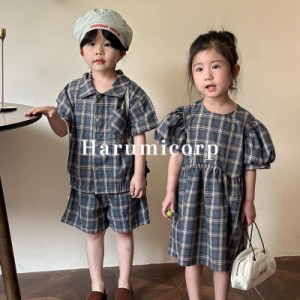 セットアップ キッズ ワンピースチェック柄 女の子 男の子 子供服 兄妹 上下セット ジュニア ベビー服 シャツ 半袖 ショートパンツ 春 夏