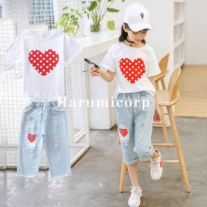 韓国子供服 セットアップ キッズ 子供服 女の子 夏服 tシャツ 半袖 デニムパンツ 七分丈パンツ ズボン パンツセット トップス ボトムス 