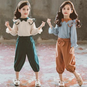 2色！韓国子供服 2点セット 春秋 シャツ+ズボン 長袖 長ズボン コットン 切り替え セットアップ ゆったり リゾート 女の子 可愛い