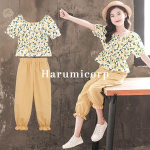 子供服 女の子 夏服 セットアップ キッズ tシャツ ブラウス 半袖 花柄 七分丈パンツ ズボン 韓国子供服 パンツセット トップス ボトムス 