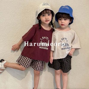 韓国子供服 セットアップ キッズ 女の子 男の子 夏服 tシャツ 半袖 ハーフパンツ チェック柄 おしゃれ 可愛い ジュニア 上下セット ベビ