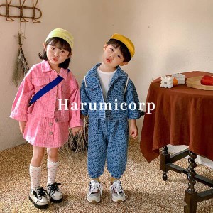 セットアップ キッズ 兄妹 子供服 女の子 男の子 デニムジャケット スカート ロングパンツ おしゃれ 可愛い ベビー服 春 秋 トップス ア