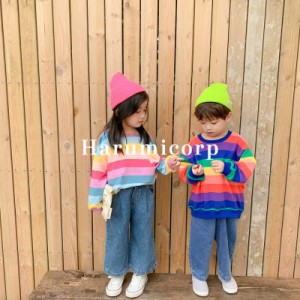 tシャツ キッズ 子供服 男の子 トップス 長袖 春秋 Tシャツ カットソー 綿虹色ボーダー 丸首 韓国子供服 こども服 ジュニア ベビー服 お