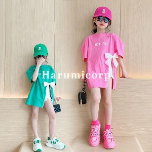 子供服 tシャツ 女の子 トップス キッズ 夏 半袖 Tシャツ カットソー 蝶結び 丸首 tシャツワンピース 韓国子供服 ジュニア こども服 ベビ